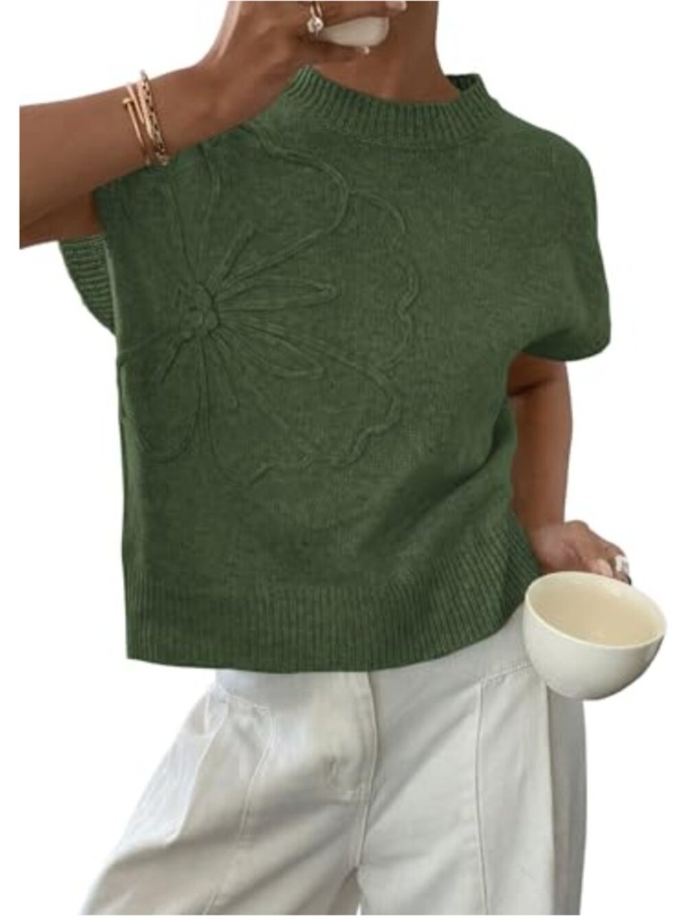 Women's Cap Sleeve 3D Flower Knit Sweater Vest Casual